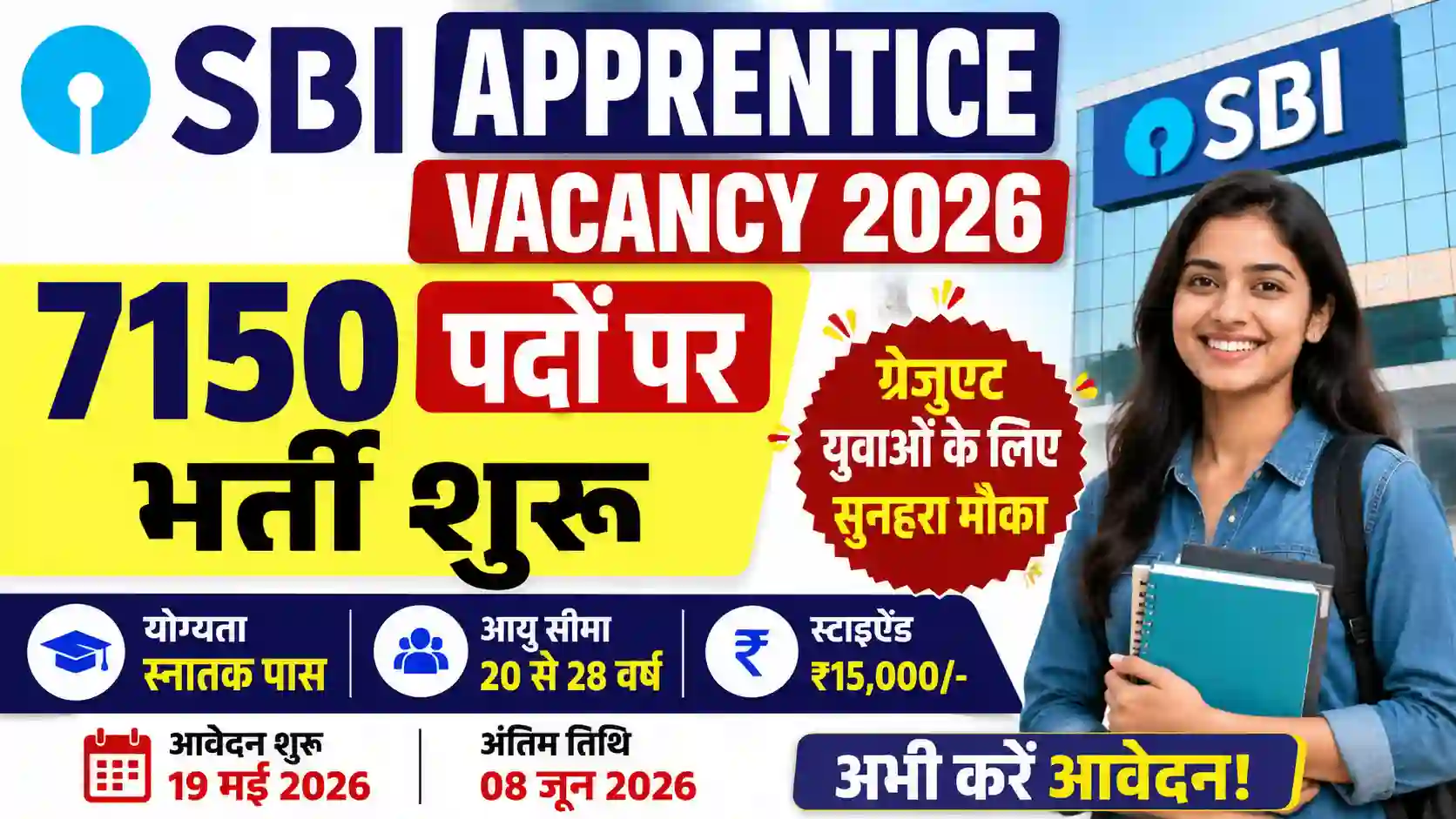 SBI Apprentice Vacancy 2026: 7150 पदों पर भर्ती शुरू, ग्रेजुएट युवाओं के लिए सुनहरा मौका