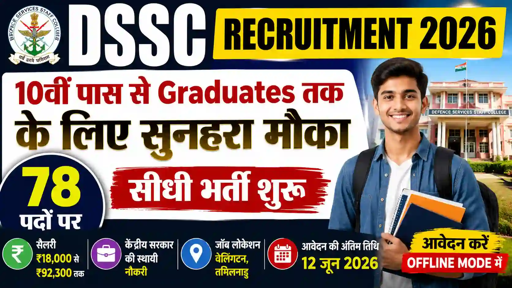 DSSC Recruitment 2026: 10वीं पास से Graduates तक के लिए सुनहरा मौका, 78 पदों पर सीधी भर्ती शुरू
